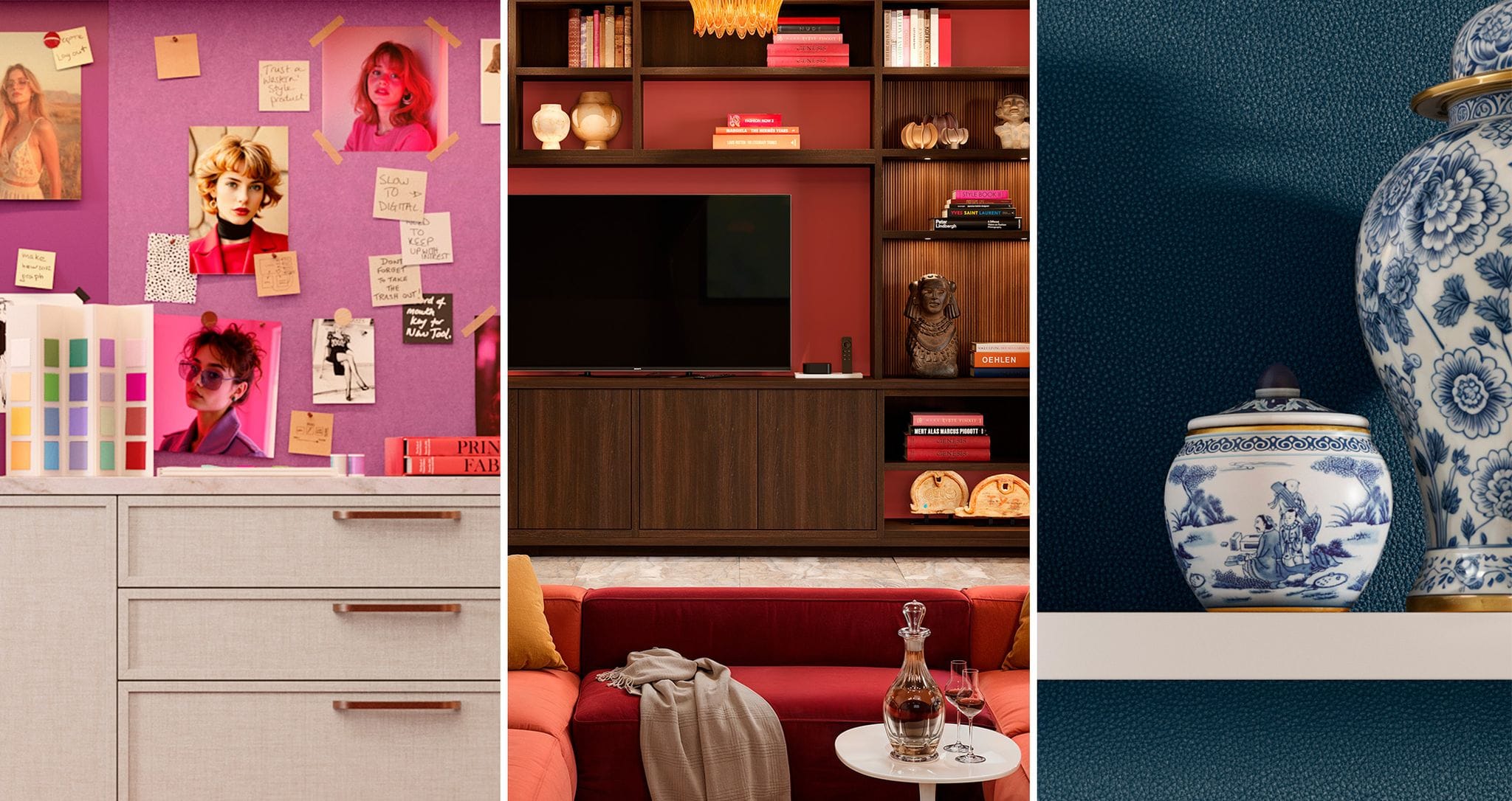 Living room, home office and details of custom shelving designed by Sasha Bikoff with California Closets