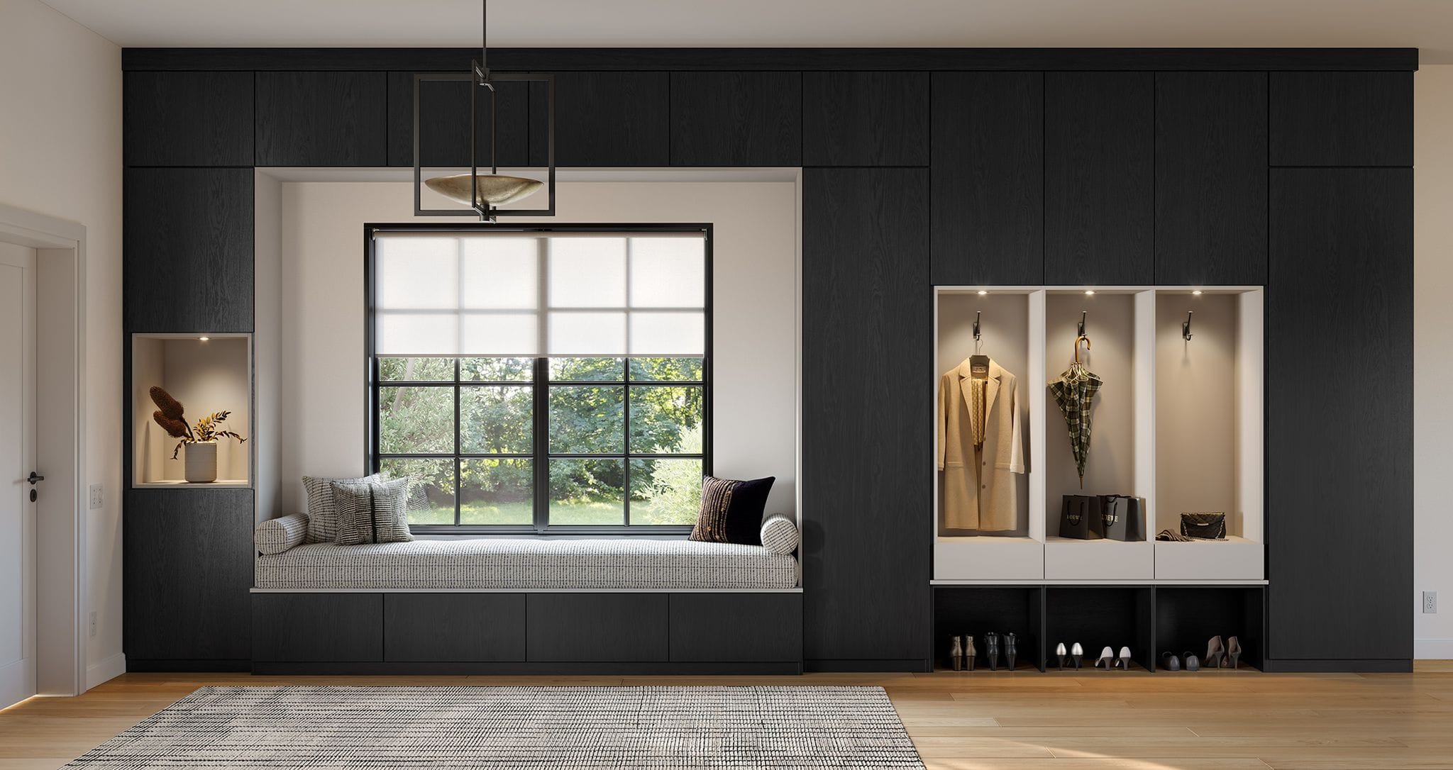 Mudroom design with dark wood grain finish, glass cabinets and window bench created by California Closets